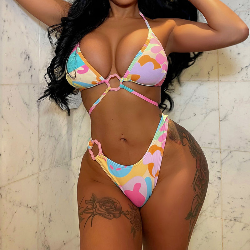Candy Color Print Bikini Swimwear Women Swimsuit Bandage Bikini Set Push up Bathing Suit Summer Beach Wear with Connector