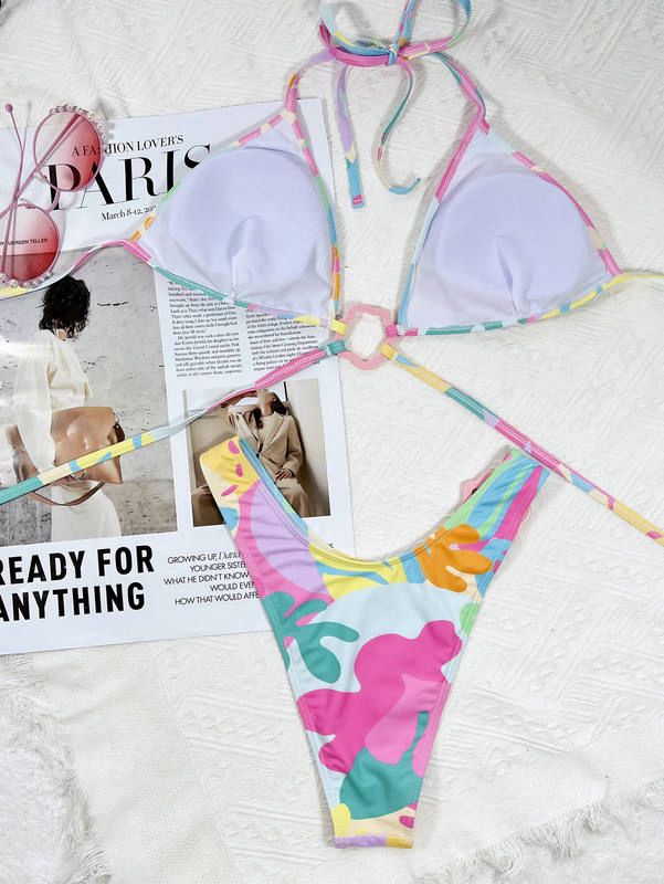 Candy Color Print Bikini Swimwear Women Swimsuit Bandage Bikini Set Push up Bathing Suit Summer Beach Wear with Connector