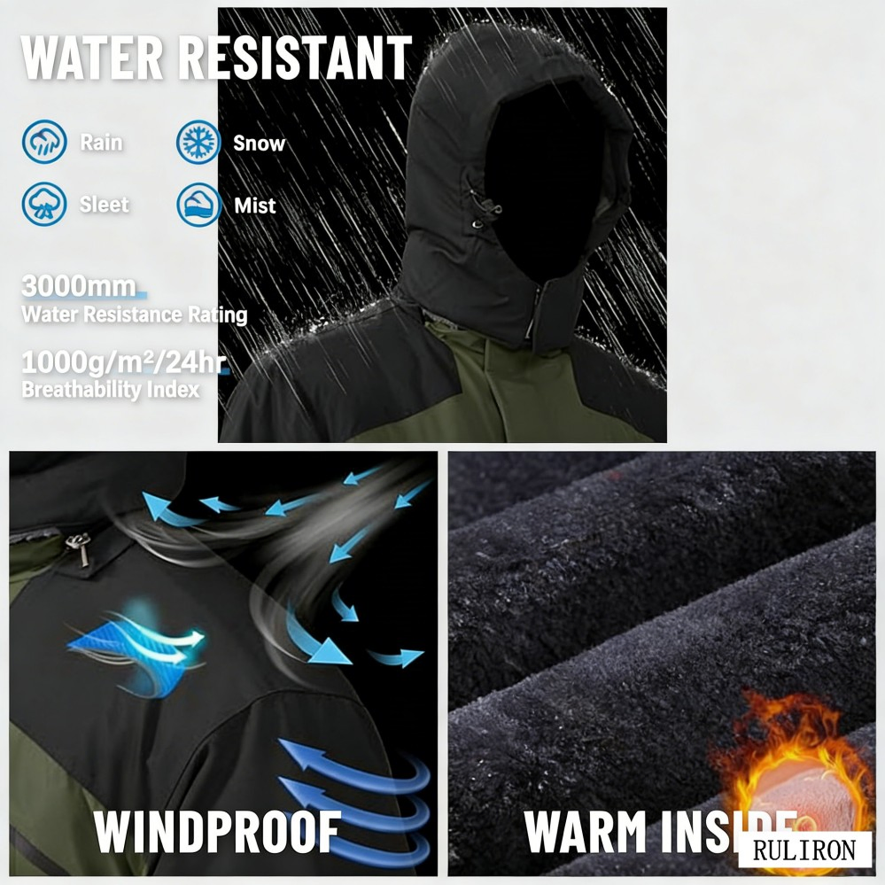 Custom Men's Winter Warm Waterproof Fleece Coat Insulated Thermal Ski Jacket Parka Raincoat with Hood