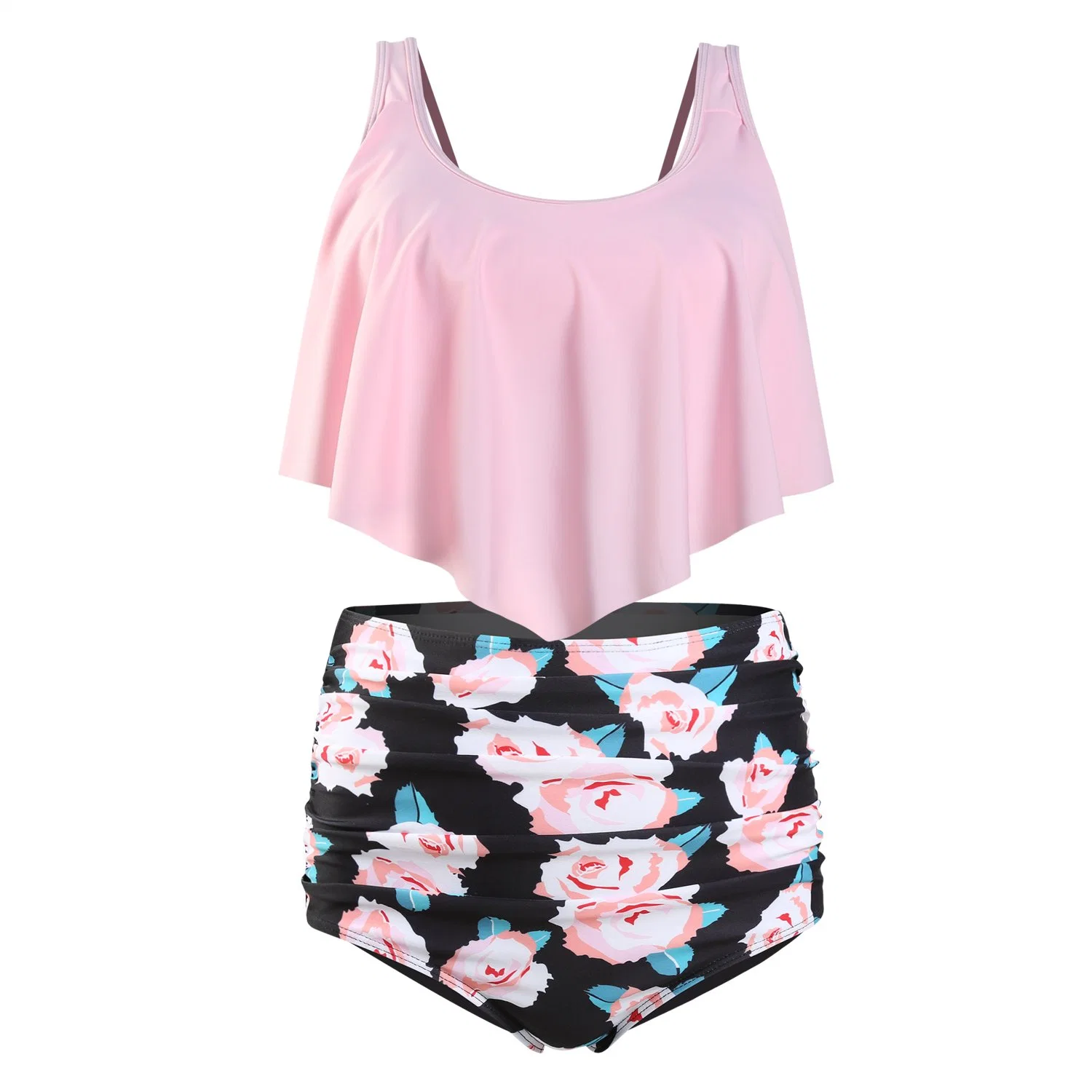 Top Ruffled Print Rose High Waisted Bottom Swimwear Two Piece Female Bathing Suit
