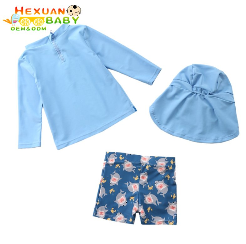 Baby Toddler Boy Kids 3- Piece Rash Guard Swimsuit, UV Sun Protection Long Sleeve Sunsuit Swimwear Sets with Sun Hats