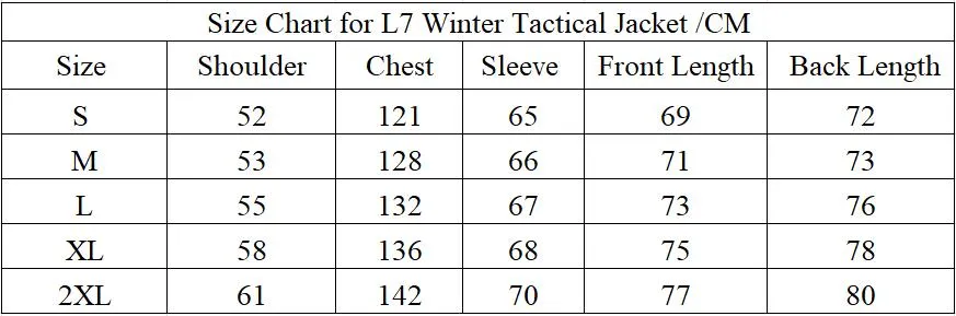 Tactical Jacket Size Chart