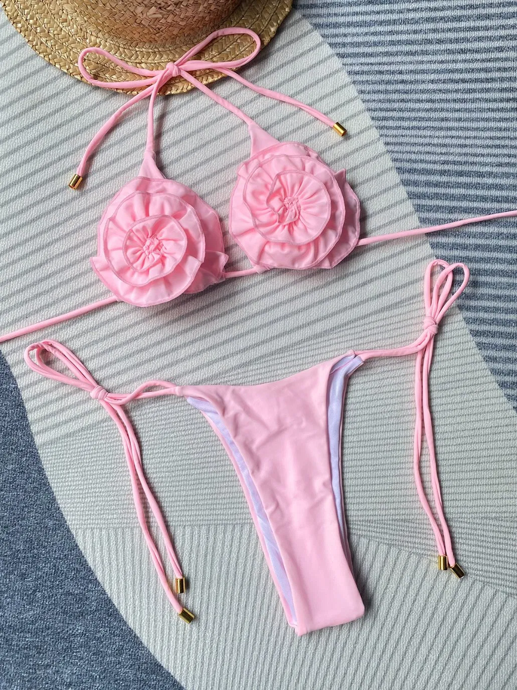2024 New Swimsuit Two Piece Bikini Set Wholesale Pure Color Swimsuit 3D Flowers Bathing Suit Fashion Quick-Dry Swimwear