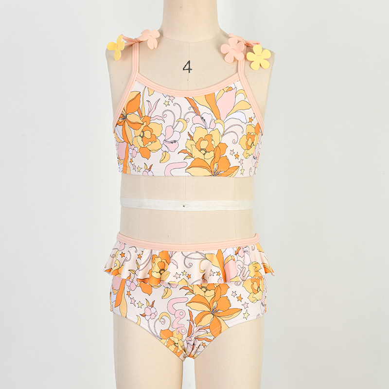 Girls Two Sets Bikini Children UV Protection Beachwear Kids V Neck Ecofriendly Swimwear