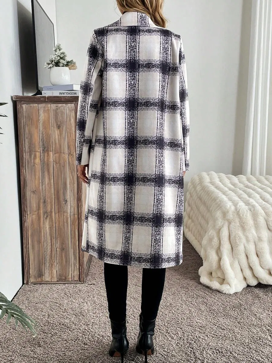 Women's Digital Printed Houndstooth Long Coat with Turn-Down Collar Double Button Pocket for Autumn Winter