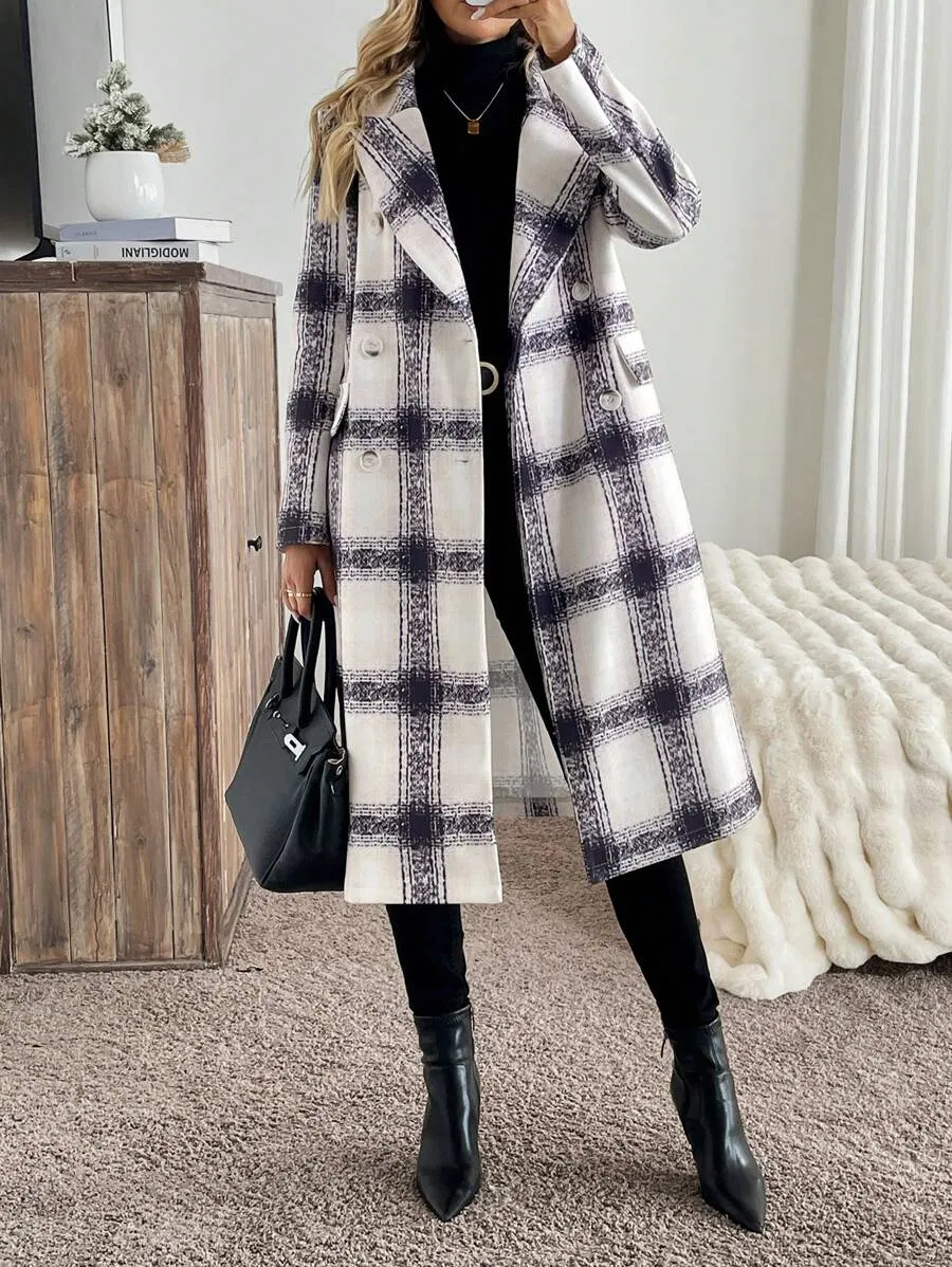 Women's Digital Printed Houndstooth Long Coat with Turn-Down Collar Double Button Pocket for Autumn Winter