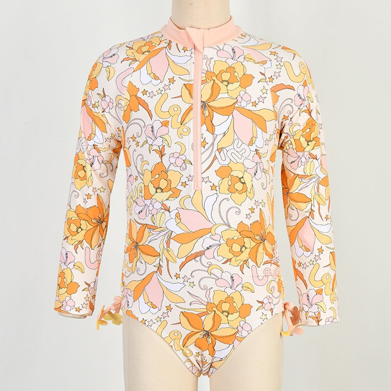 Custom Ecofriendly UV Protection Rash Guard Girls Beachwear Kids One Piece Swimsuit Children Long Sleeve Swimwear