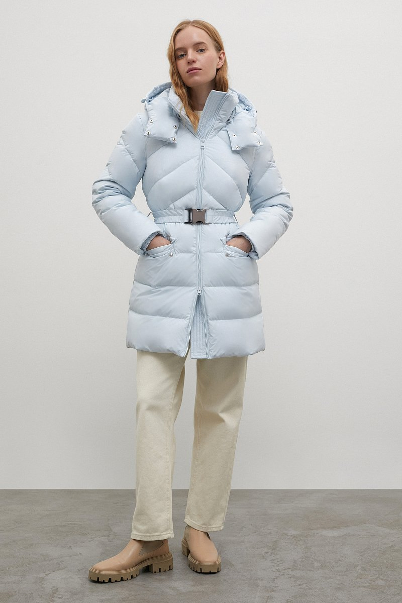 Wholesale Customized Winter Clothing High Fashion Ski Wear Hooded Women Puffer Jacket Goose Duck Down Jacket with Buckle Belt Women Outdoor Puffy Outwear