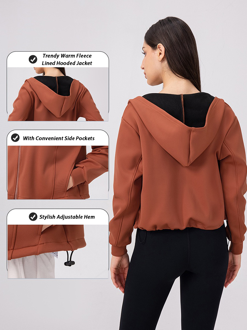 Women's Insulated Winter Street Fashion Outerwear Casual Polar Fleece Lined Hoodie with Adjustable Hem, Long Sleeve Cropped Athletic Jackets with Pocket