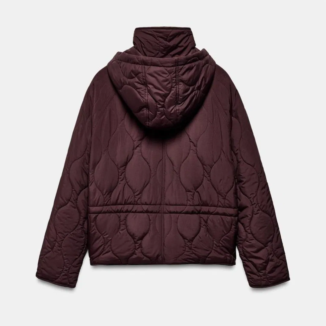 Women Hooded Quilted Puffer Jacket Wave Stitch Waist Drawstring Winter Padded Coat