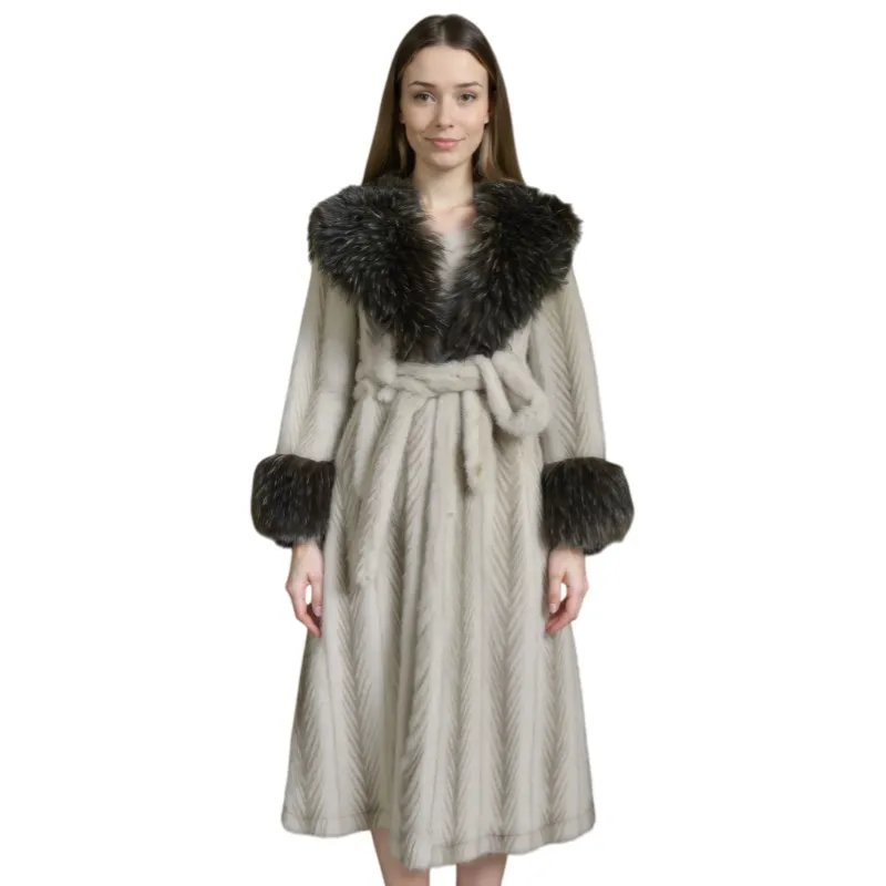Beige faux mink long coat