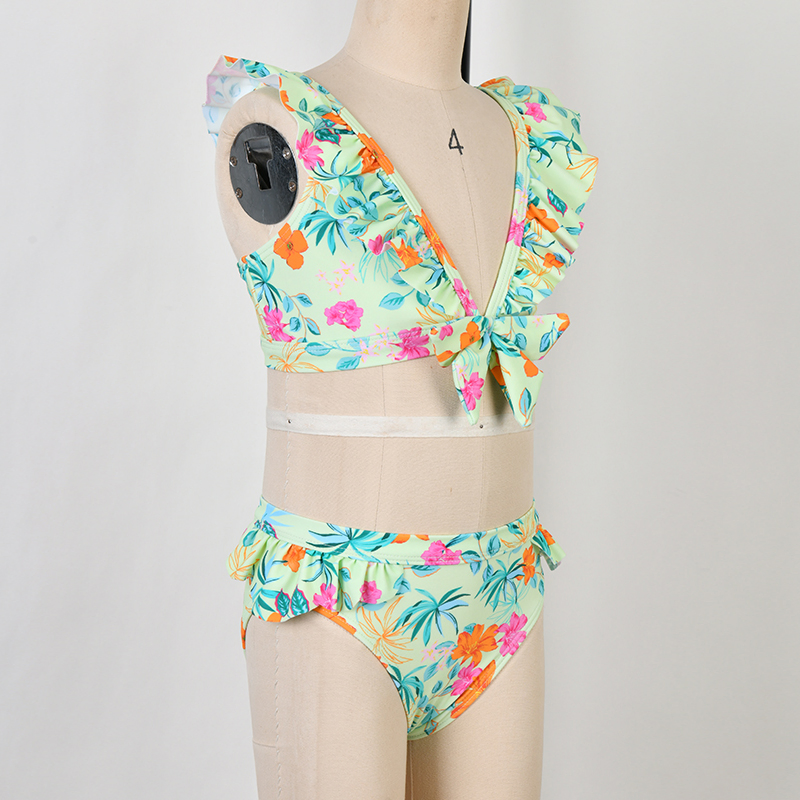 Girls Two Sets Bikini Children UV Protection Beachwear Kids V Neck Ecofriendly Swimwear