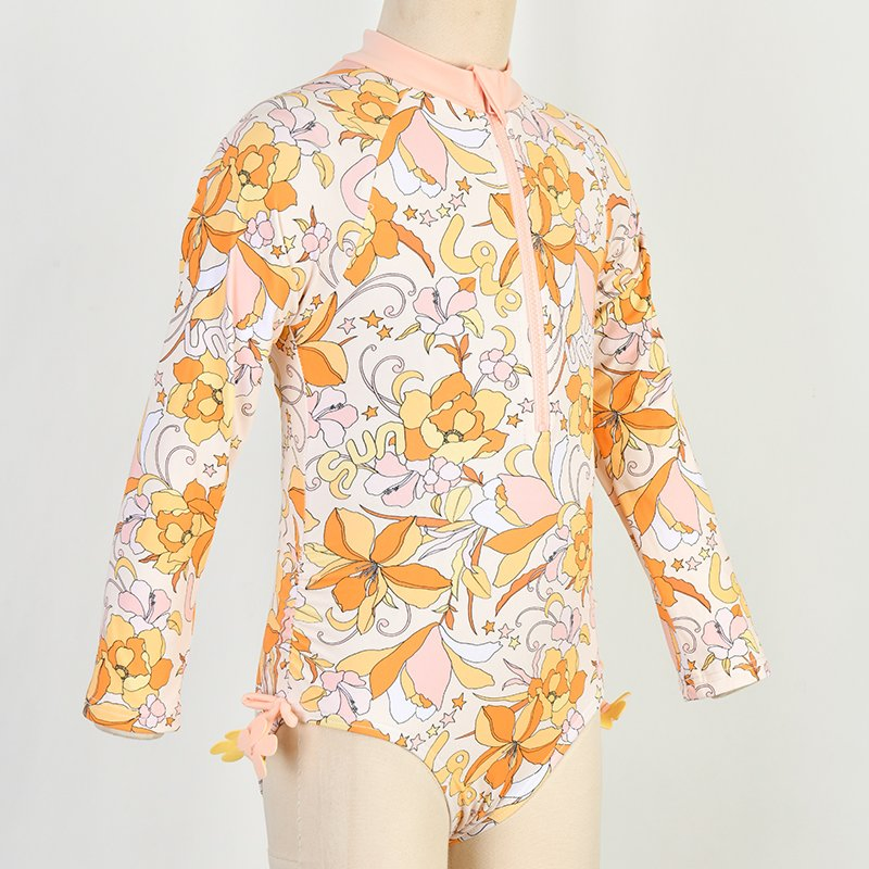 Custom Ecofriendly UV Protection Rash Guard Girls Beachwear Kids One Piece Swimsuit Children Long Sleeve Swimwear