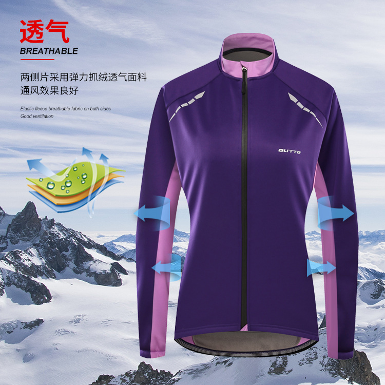 Women's Fleece Cycling Jacket Windproof Waterproof Thermal Winter Bike Wear with Zipper for Outdoor Riding