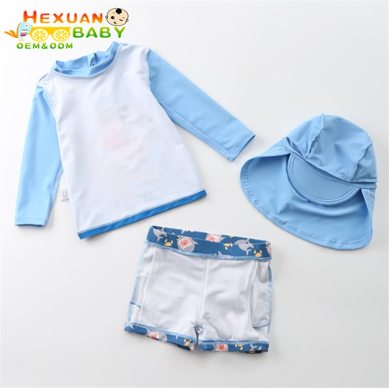 Baby Toddler Boy Kids 3- Piece Rash Guard Swimsuit, UV Sun Protection Long Sleeve Sunsuit Swimwear Sets with Sun Hats