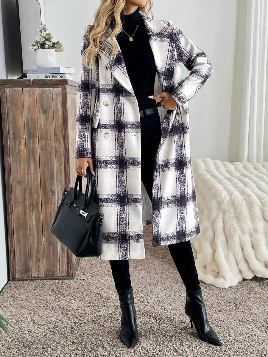 Women's Digital Printed Houndstooth Long Coat with Turn-Down Collar Double Button Pocket for Autumn Winter