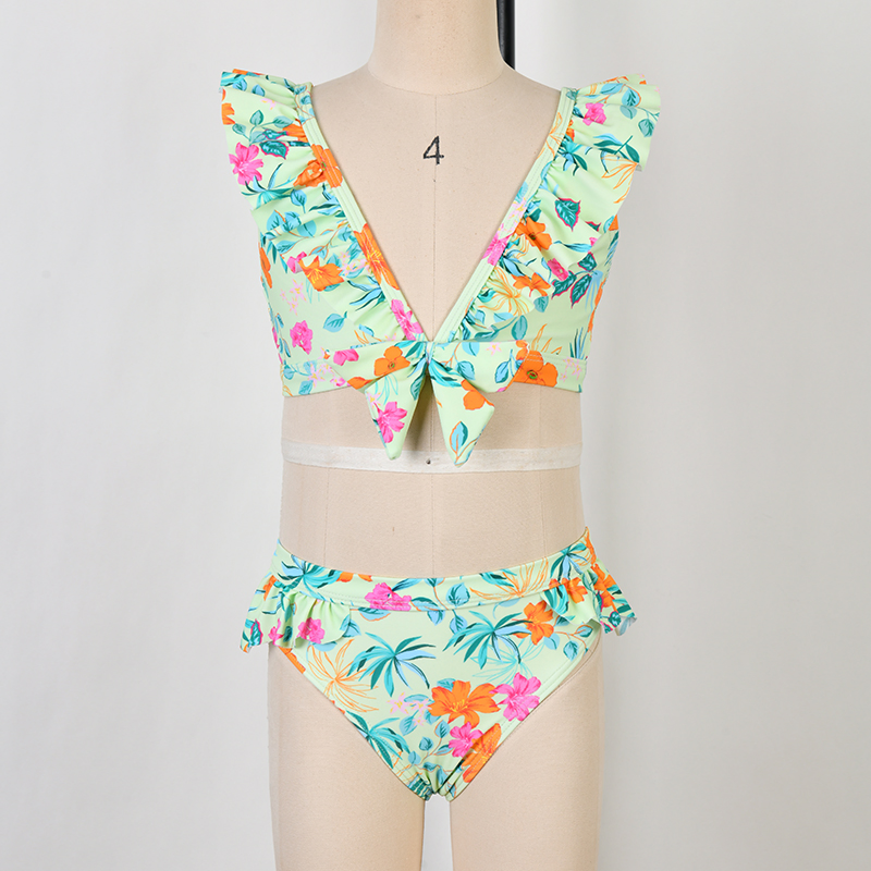 Girls Two Sets Bikini Children UV Protection Beachwear Kids V Neck Ecofriendly Swimwear