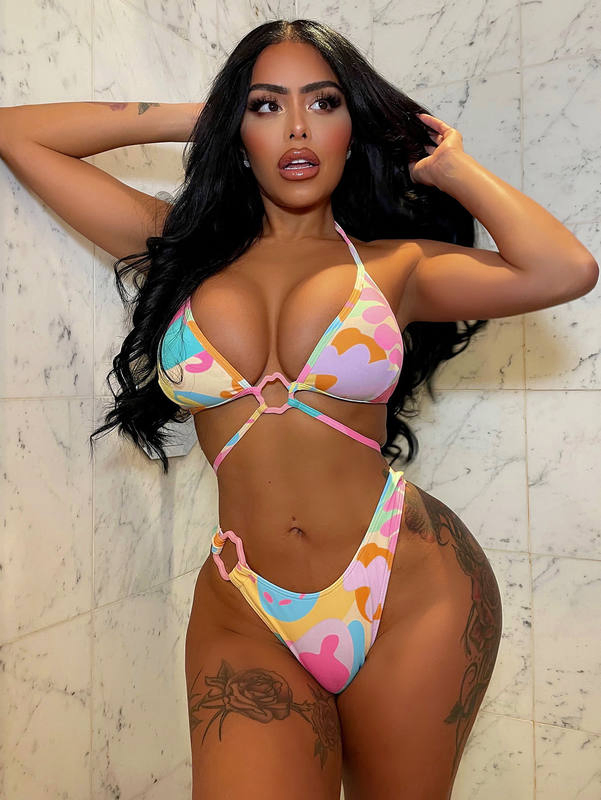 Candy Color Print Bikini Swimwear Women Swimsuit Bandage Bikini Set Push up Bathing Suit Summer Beach Wear with Connector