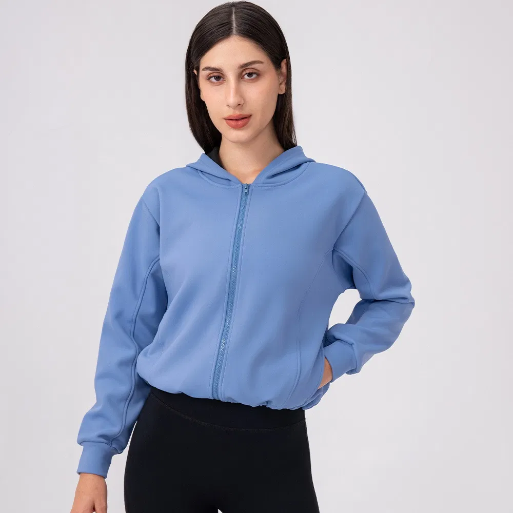 Women's Insulated Winter Street Fashion Outerwear Casual Polar Fleece Lined Hoodie with Adjustable Hem, Long Sleeve Cropped Athletic Jackets with Pocket