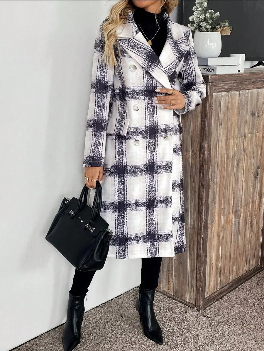 Women's Digital Printed Houndstooth Long Coat with Turn-Down Collar Double Button Pocket for Autumn Winter