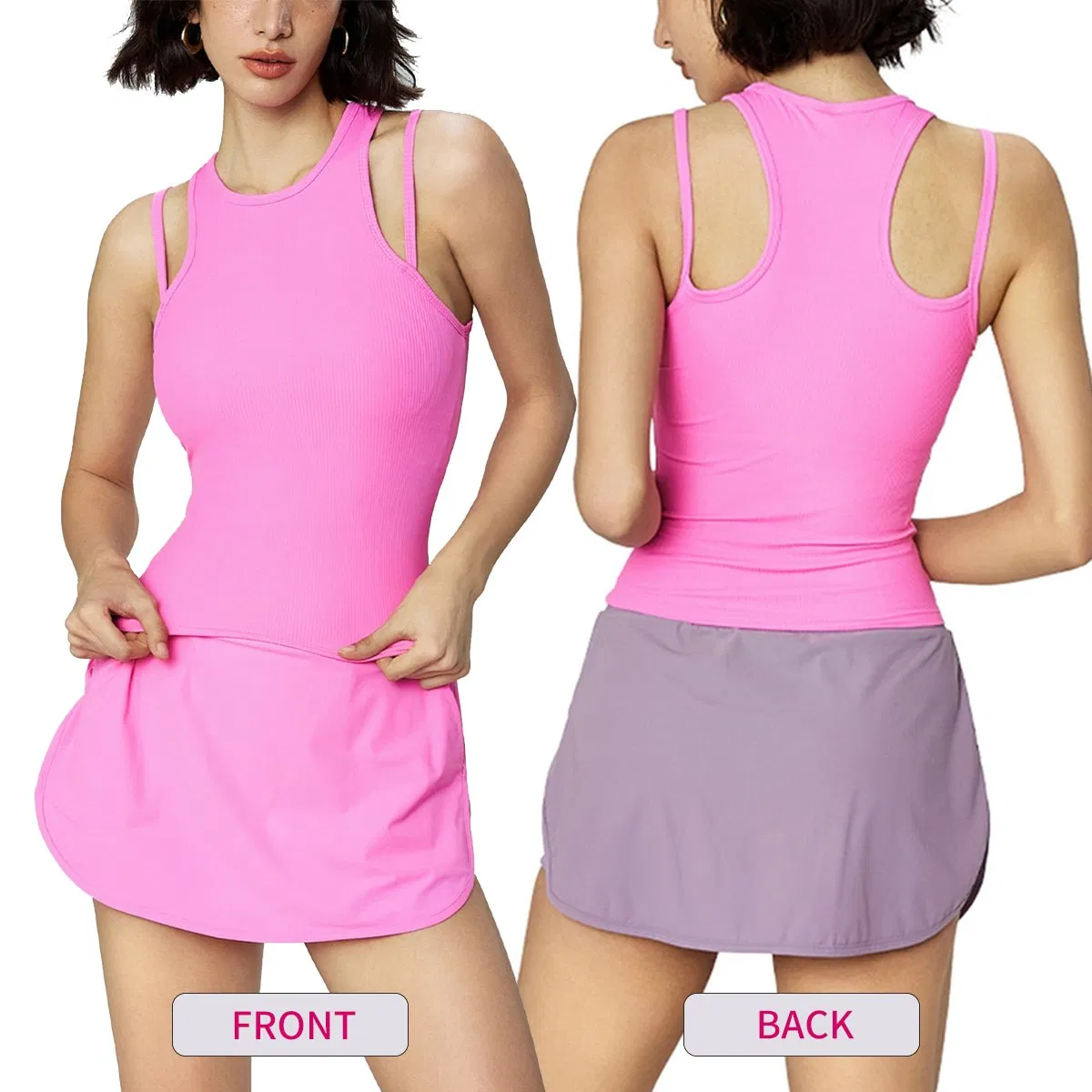New Fashion Ribbing Naked Feeling Two Fake Pieces Sleeveless Free Matching Quick Dry Breathable Moisture Wicking Sports Running Yoga Top for Women