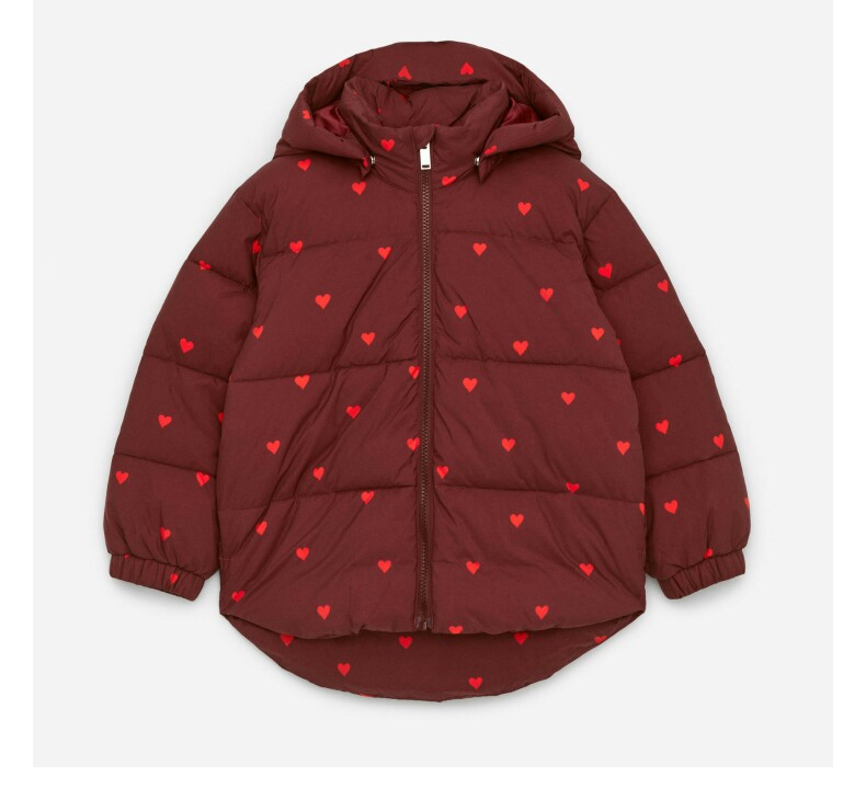 New Fashion Children Down Jacket Customized Hooded Collar Zipper Closure Heart Print Design Water-Proof Puffer Down Jacket for Girl's Winter Wear