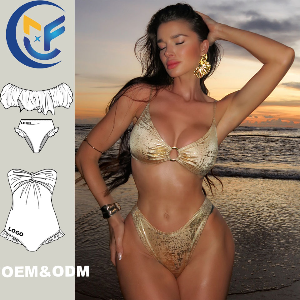 Woman Fashion OEM Sexy 2 PCS Set Bikini Hot Sales Golden Swimwear Dry Faster Beachwear