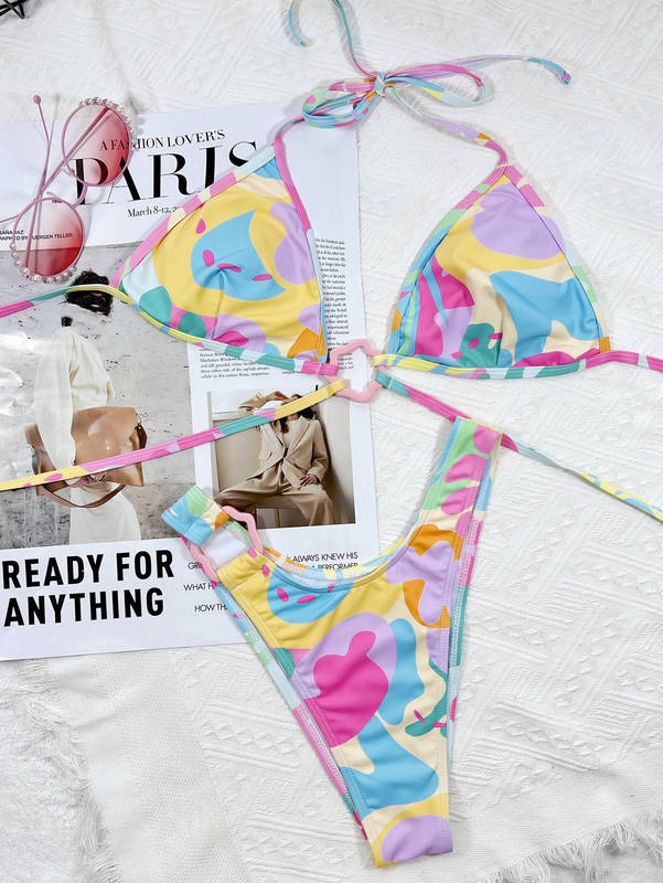 Candy Color Print Bikini Swimwear Women Swimsuit Bandage Bikini Set Push up Bathing Suit Summer Beach Wear with Connector