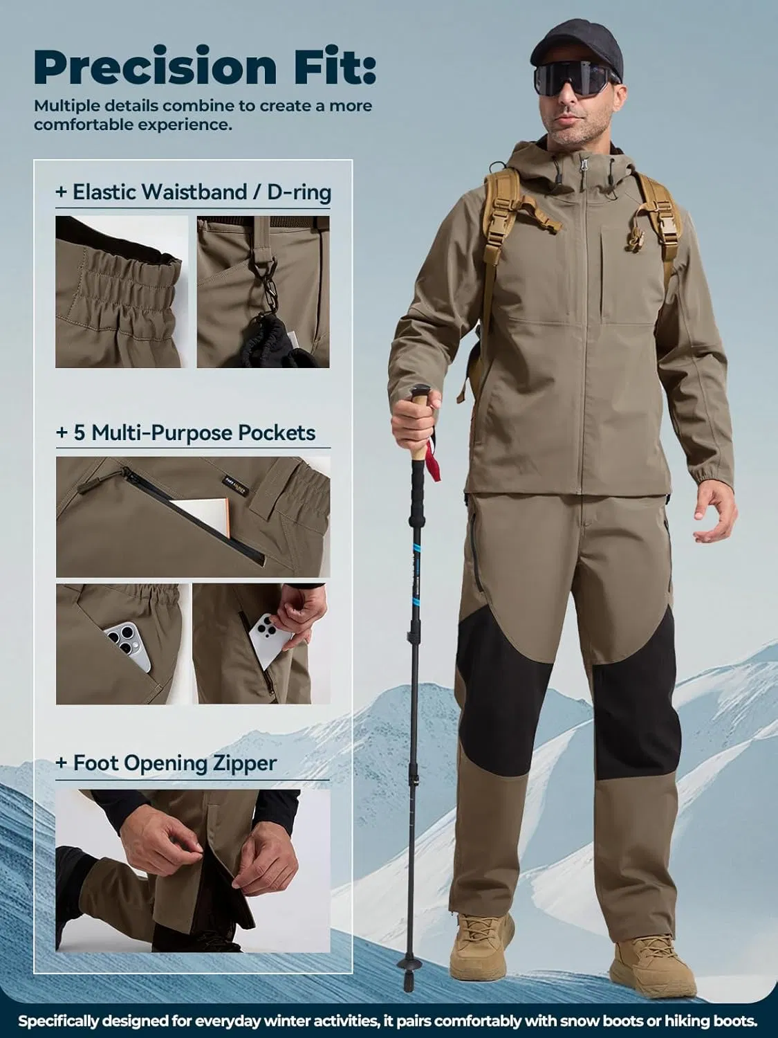 Men's Waterproof Ski Pants Winter Thermal Insulated Snow Ski Pants with Zipper Pockets