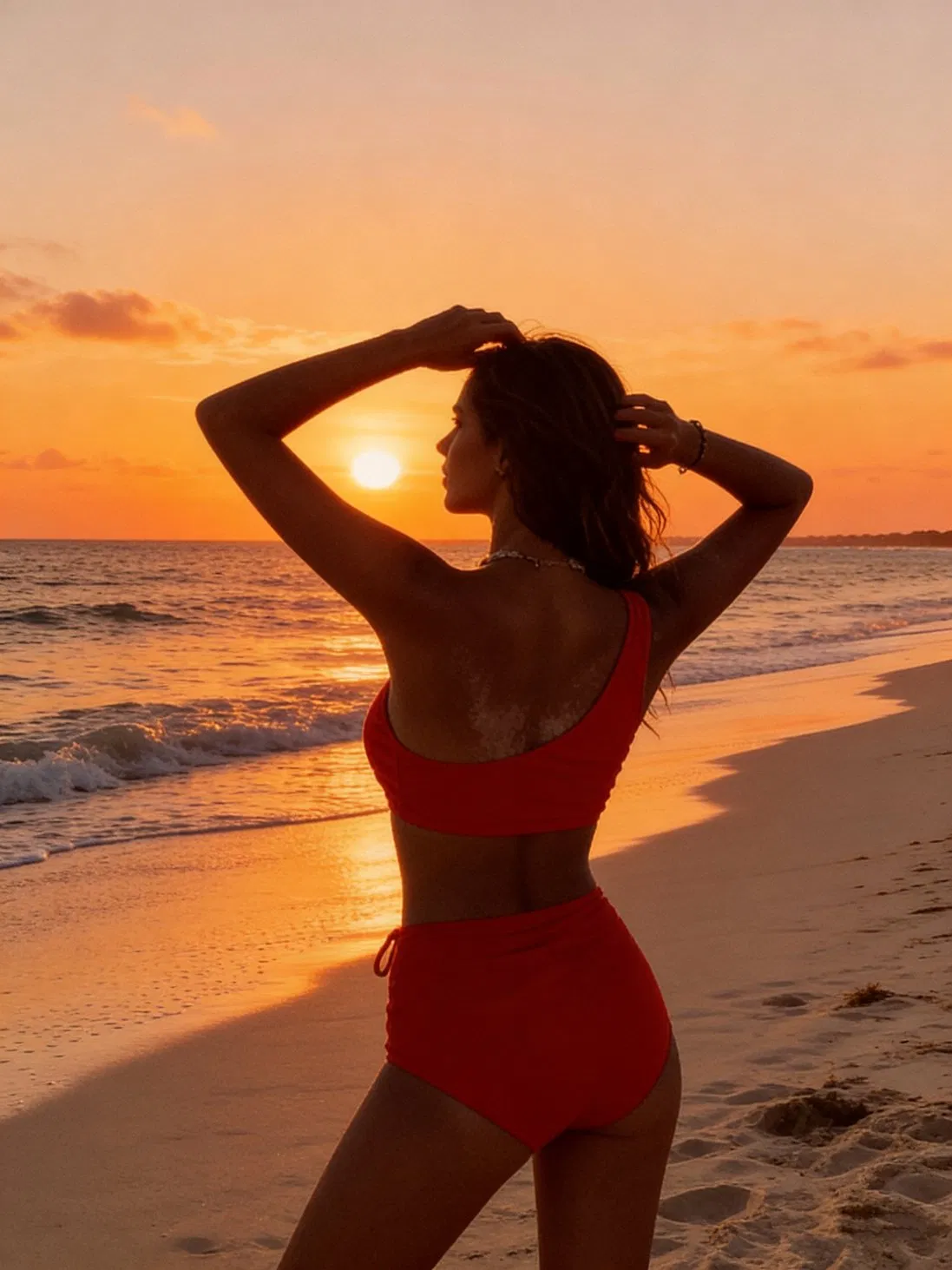 One-Shoulder Bikini Set with High-Waisted Lace-up Bottoms Retro Two Piece Swimwear