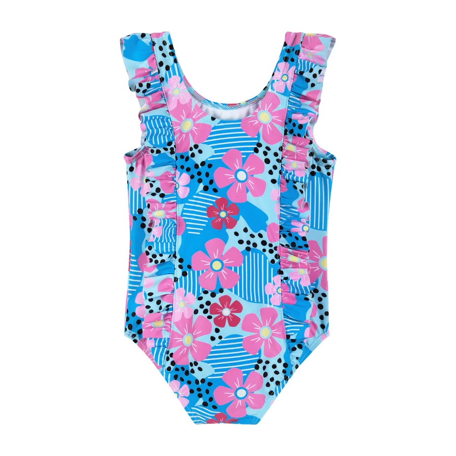 Girls One Piece Flower Ruffle Design Swimwear with UV Protection