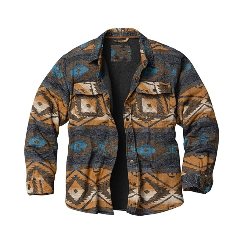 Custom Mens Aztec Flannel Shirt Jacket Thermal Lined Button Front Chest Pocket Winter Shacket