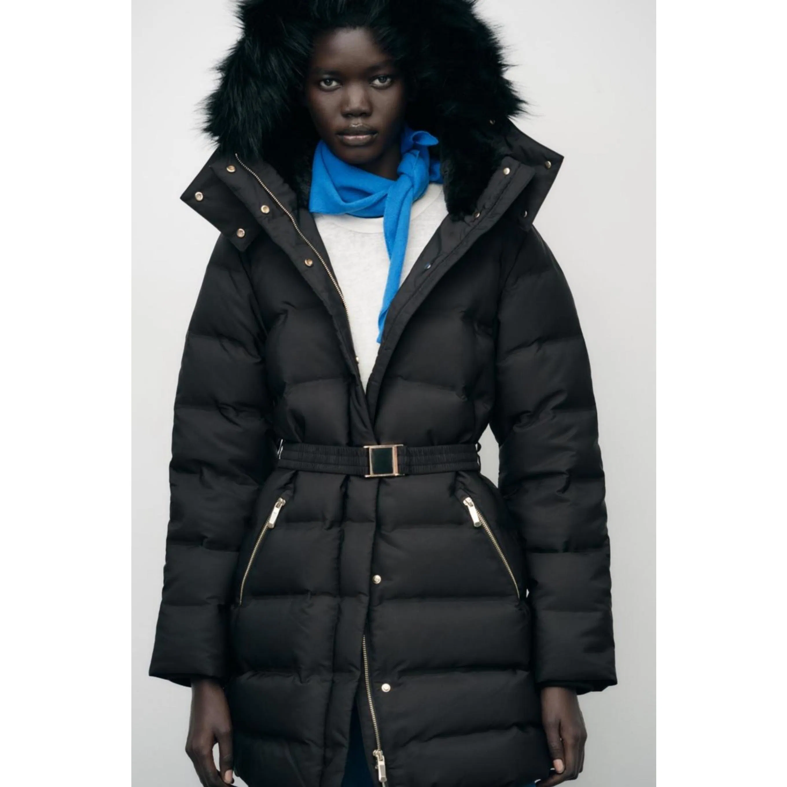 Wholesale Customized Medium Skinny Winter Ski Jacket Manufacturer Waist Belt Fur Hood Women's Puffy Down Jacket with Water-Proof Wind-Proof Fabric