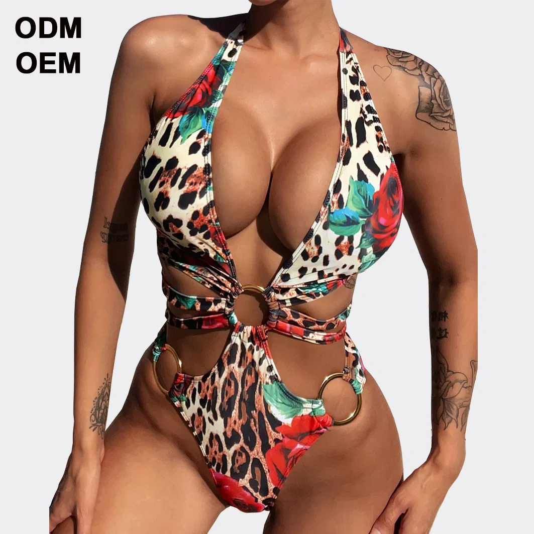 One Piece Halter Swimwear Womens Sexy Bikini Solid Color/Printing Metal Ring Slim Fit Swimsuit Beach Bathing Suit