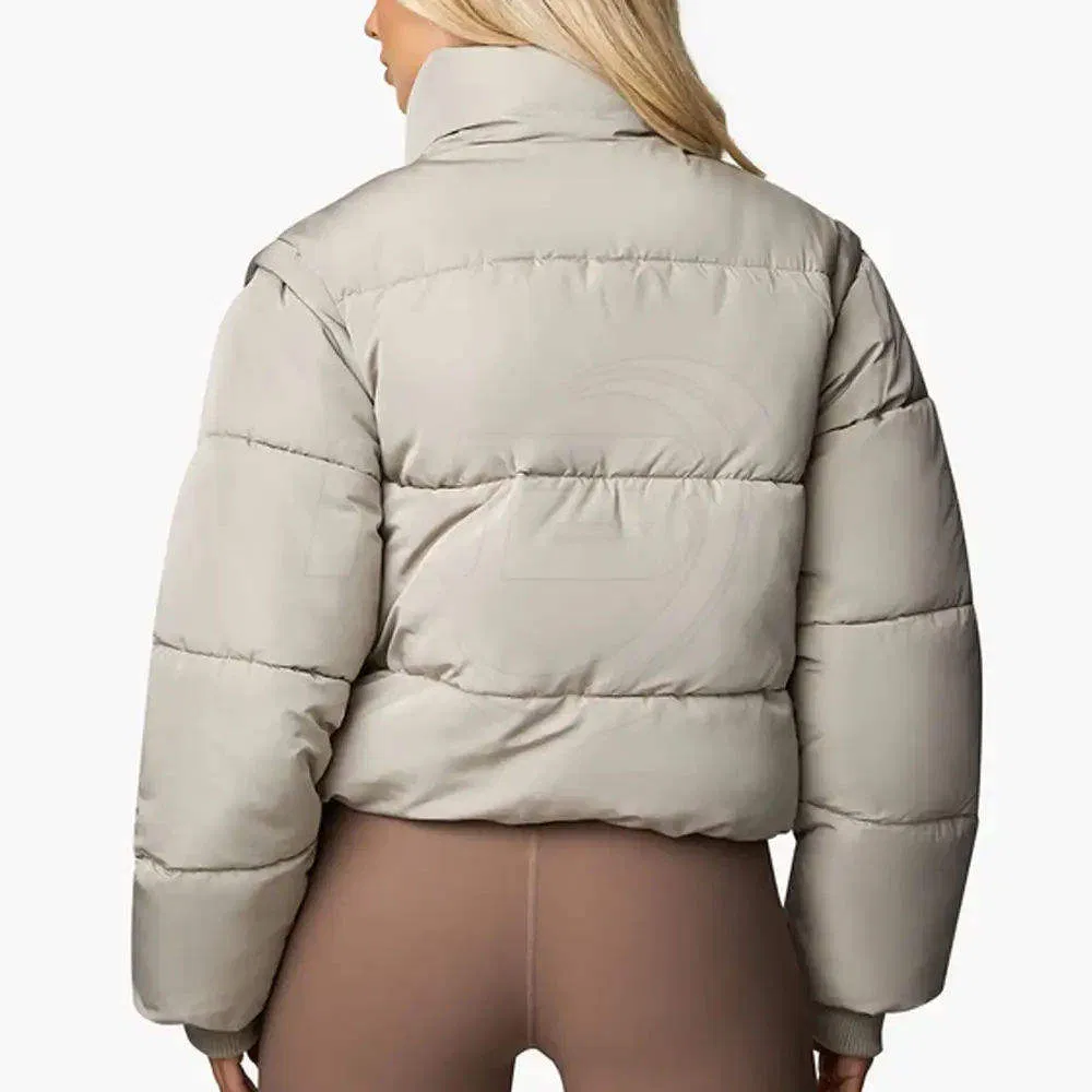 Custom Women's Wingproof Cropped Insulated Padded Winter Outdoor Warm Detachable Sleeve Winter Hooded Puffer Jacket Eco-Friendly Thick Outerwear