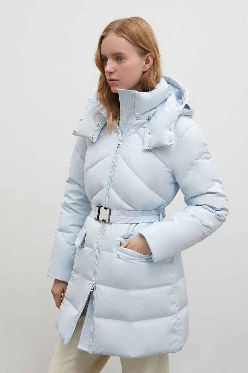 Wholesale Customized Winter Clothing High Fashion Ski Wear Hooded Women Puffer Jacket Goose Duck Down Jacket with Buckle Belt Women Outdoor Puffy Outwear