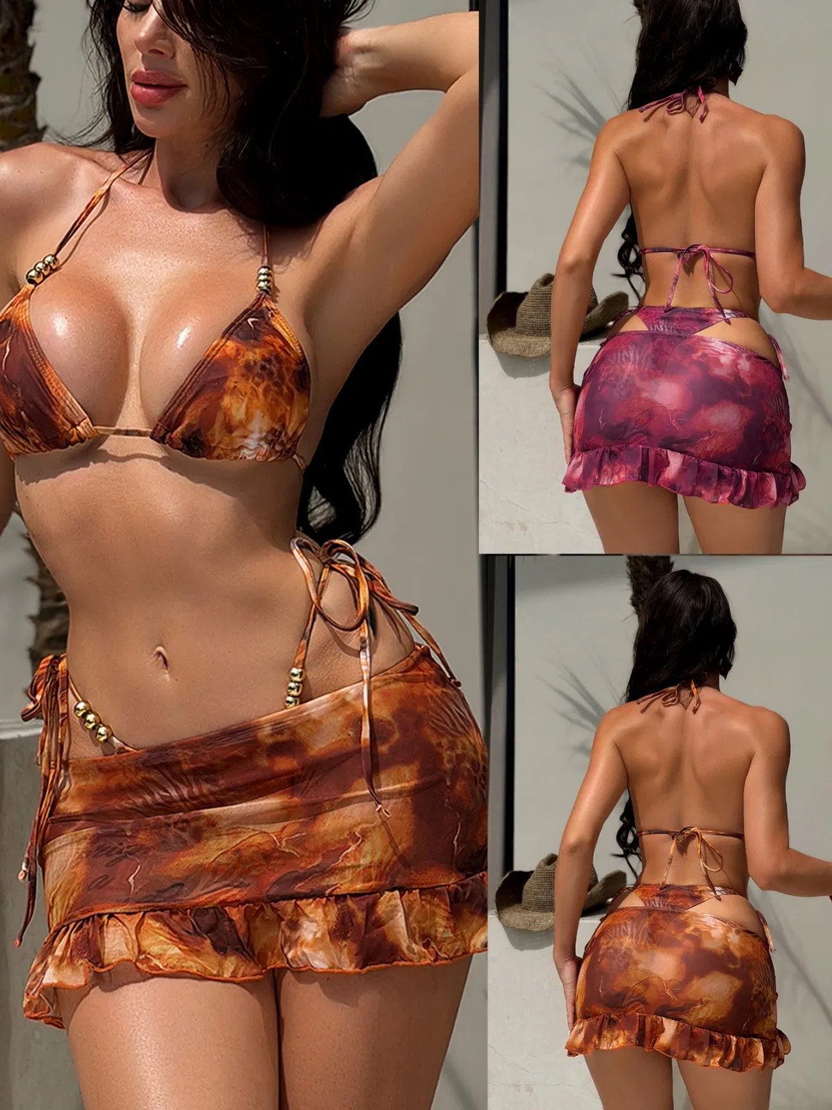 Beach Wear Summer 3 Piece Swimsuit Luxury Swimwear Women Triangle Bikini Set with Cover up Skirt