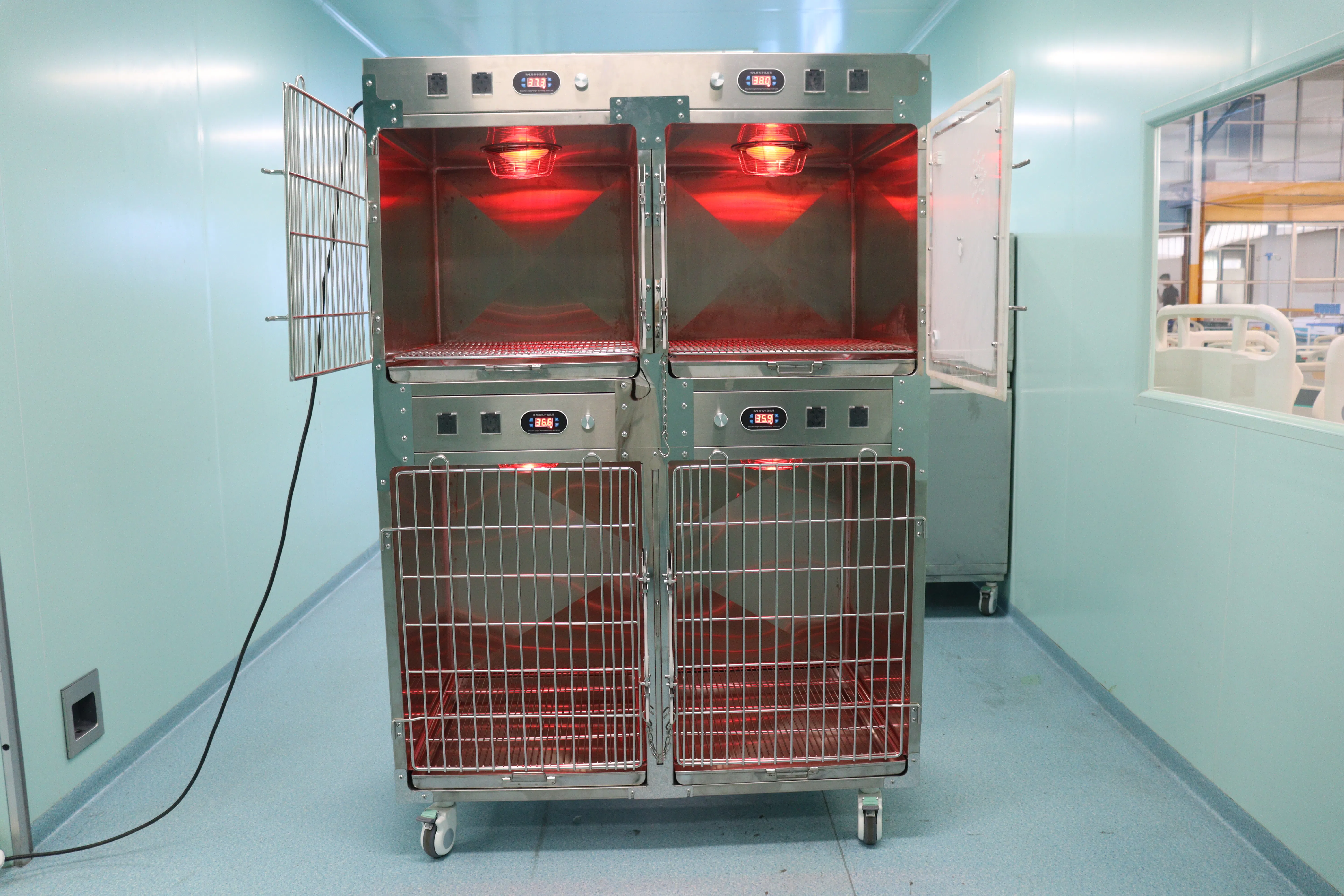 Europe King Infrared Heated 4-Bay Oxygen Cage for Veterinary Hospital, Pet Post-Surgery Recovery &amp; Oxygen Therapy