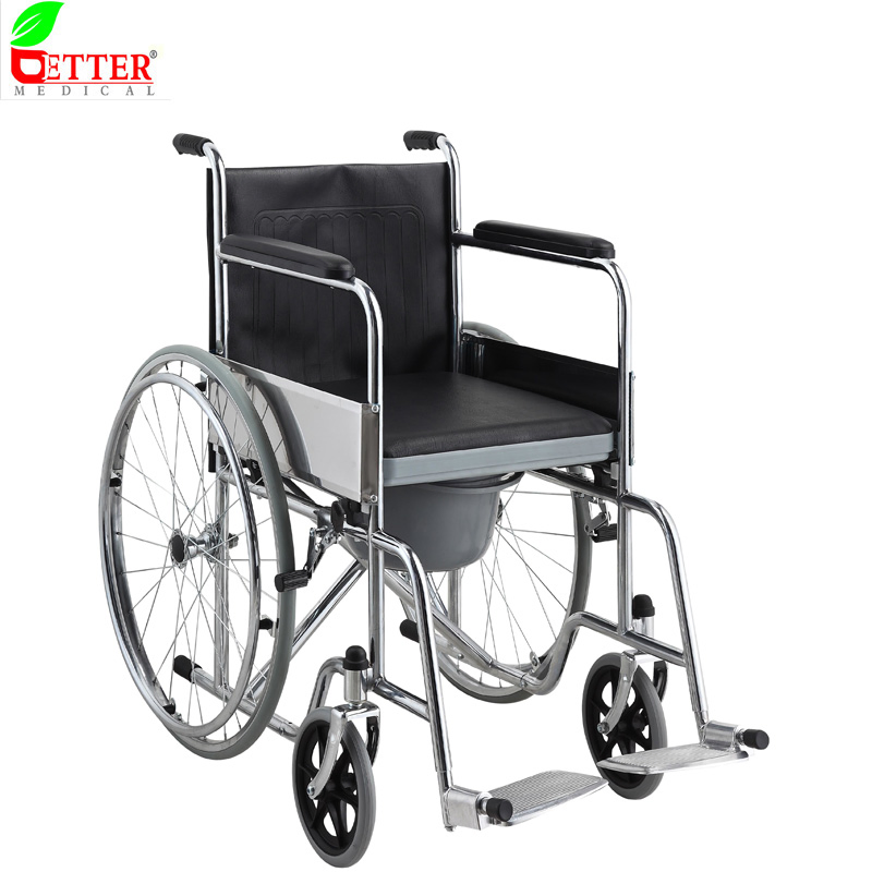 Chrome Steel Foldable Commode Wheelchair Wtih Fixed Footrest