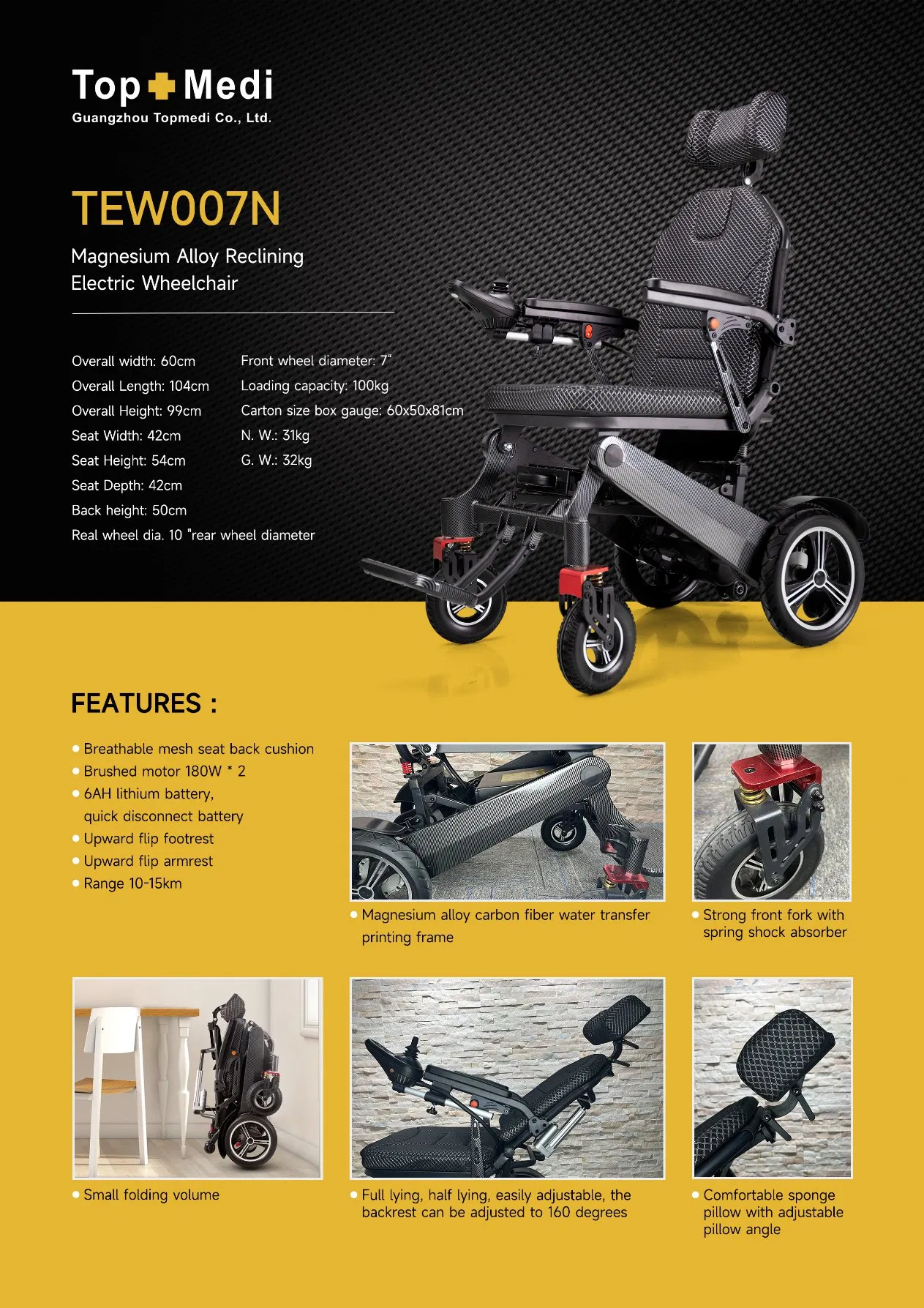 2024 Topmedi Reclining Backrest Electric Folding Handicapped Wheelchair