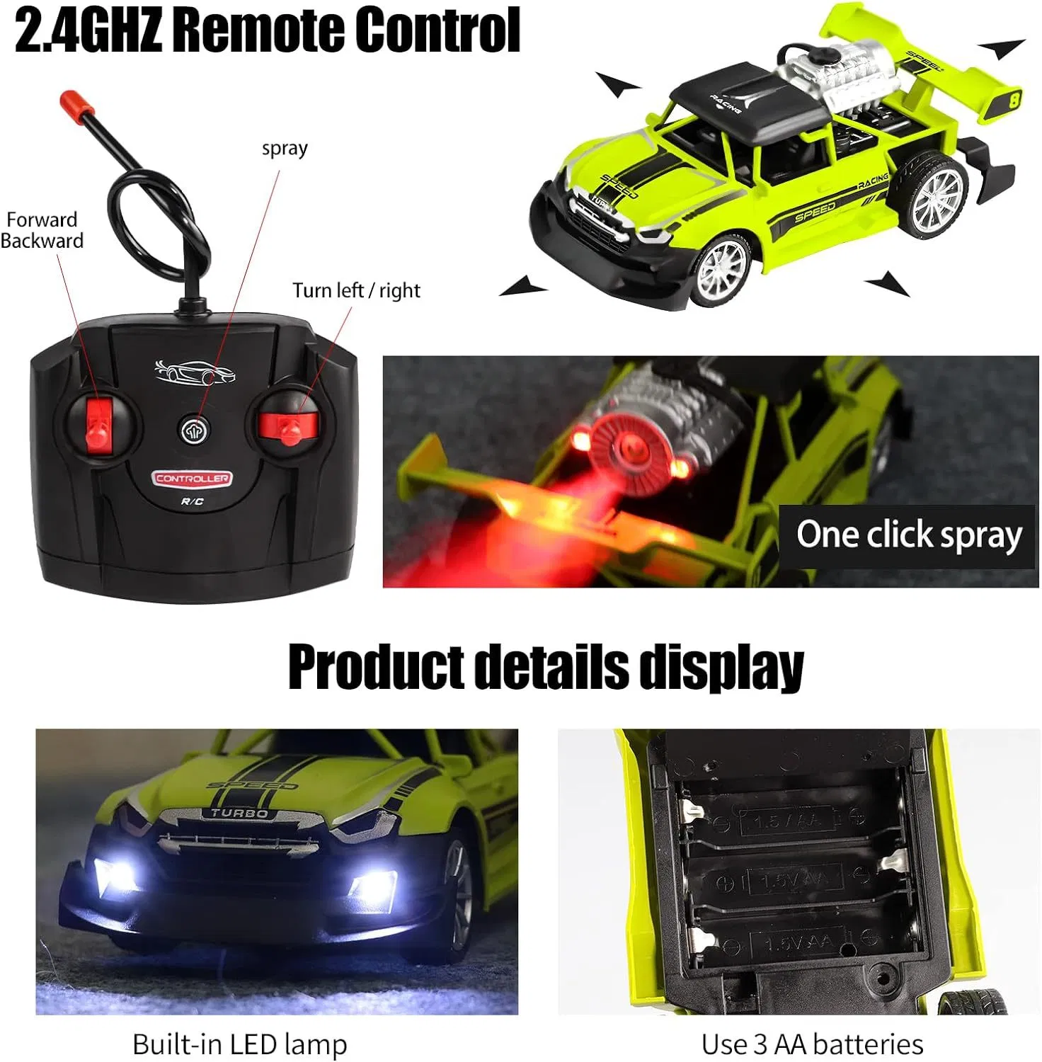 1: 20 Scale Electric Remote Control Drift Stunt Car with Spray Lights Kids Competitive Racing Toy Gift for Boys Girls