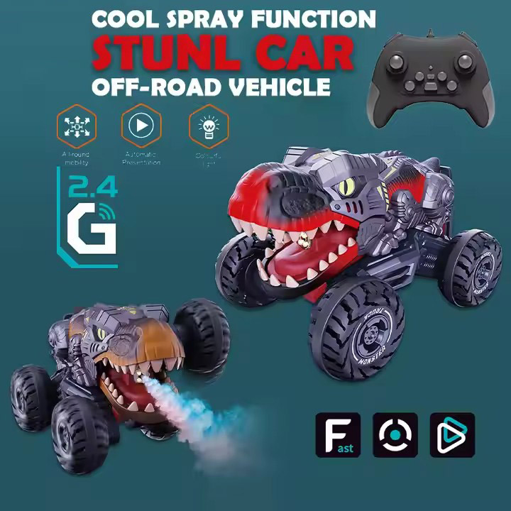 2.4GHz Remote Control Electric Dino Car Light &amp; Sound RC Trucks with Spray Stunt Car Toys for Kids Boys Made of Plastic