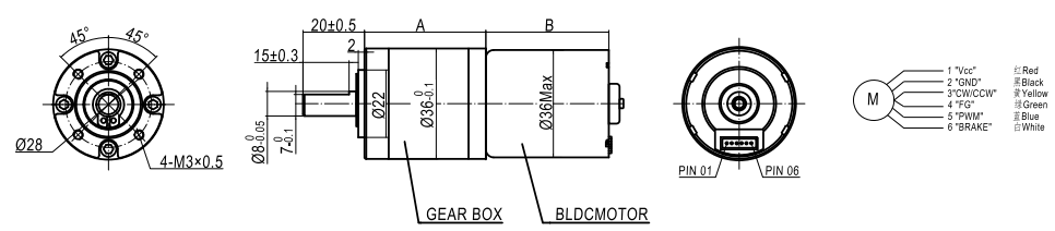 GMP36 Planetary Gear Motor Outline Drawing