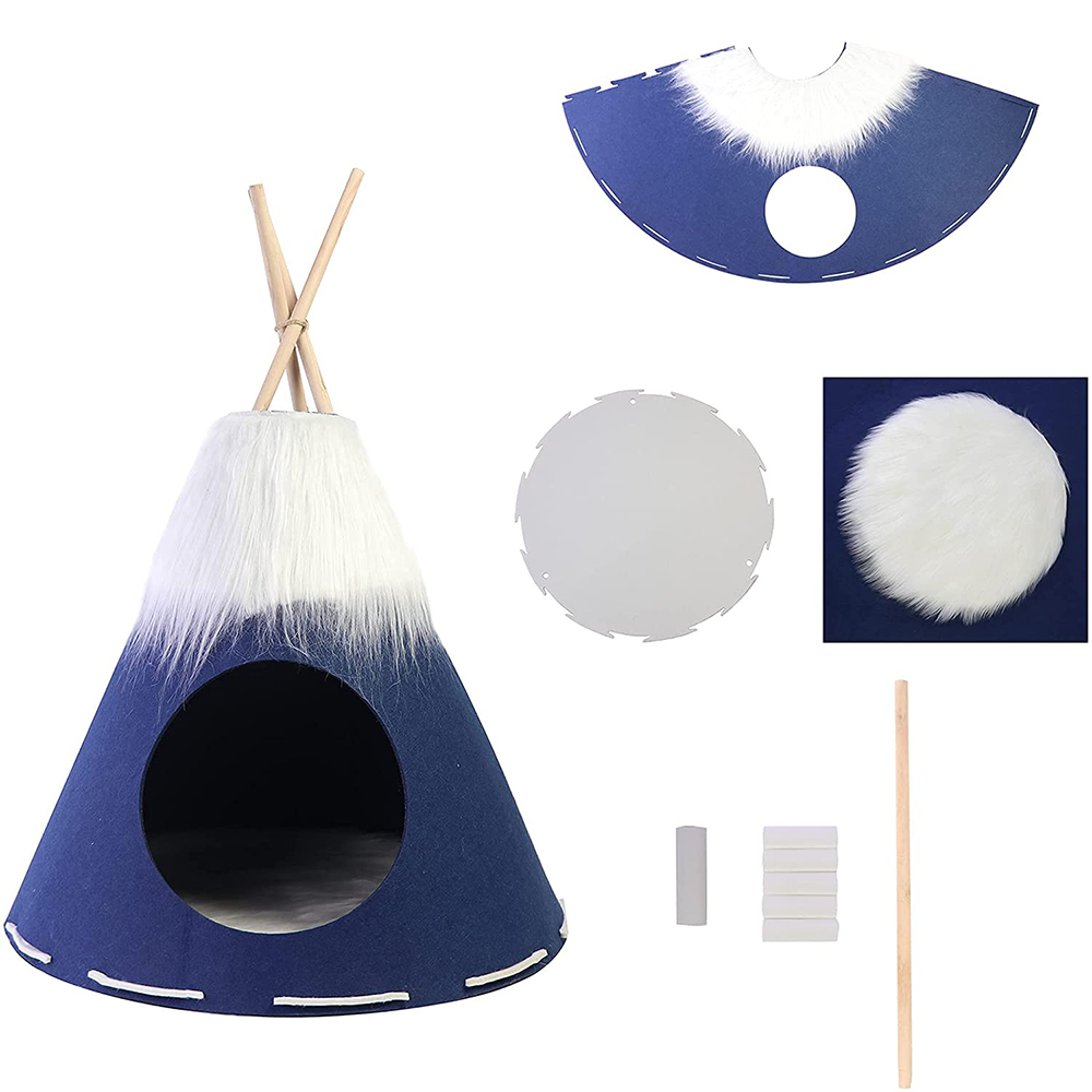 Cone Portable Puppy Sweet Bed Felt Blue Cat Pet Teepee Tent for Small Dogs or Cats