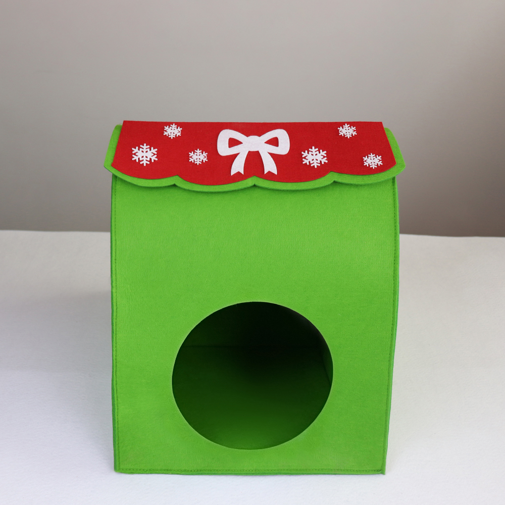 Foldable Collapsible Felt Cat Cave Bed Triangle Green Pet House Semi Enclosed Warm Cozy Indoor Kitten Shelter