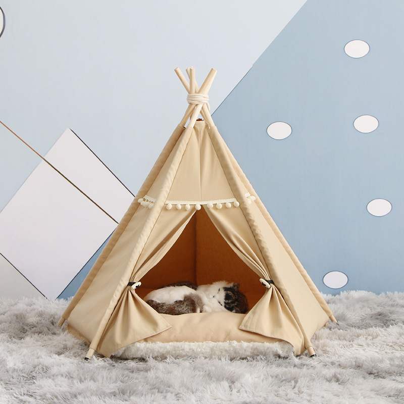 Wholesale Luxury Travel Cat Tent Foldable Linen Cotton Pet Teepee Striped Pattern Removable Washable Small Animals Factory Price