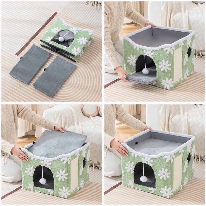 Multi-Functional Foldable Wood Rectangle Cat House Tent with Scratch Pad &amp; Hanging Ball Cozy Cat Bed for Pets