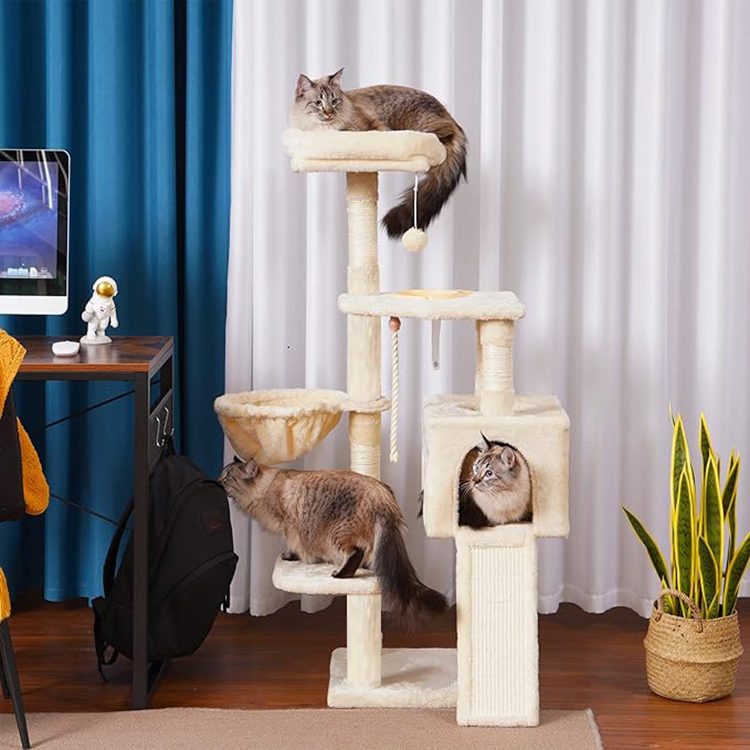 Free Samples Luxury Multi-level Simple Tall Cream Plush Cat Activity Fun Condo Tree Tower with Sisal Scratcher for Cat