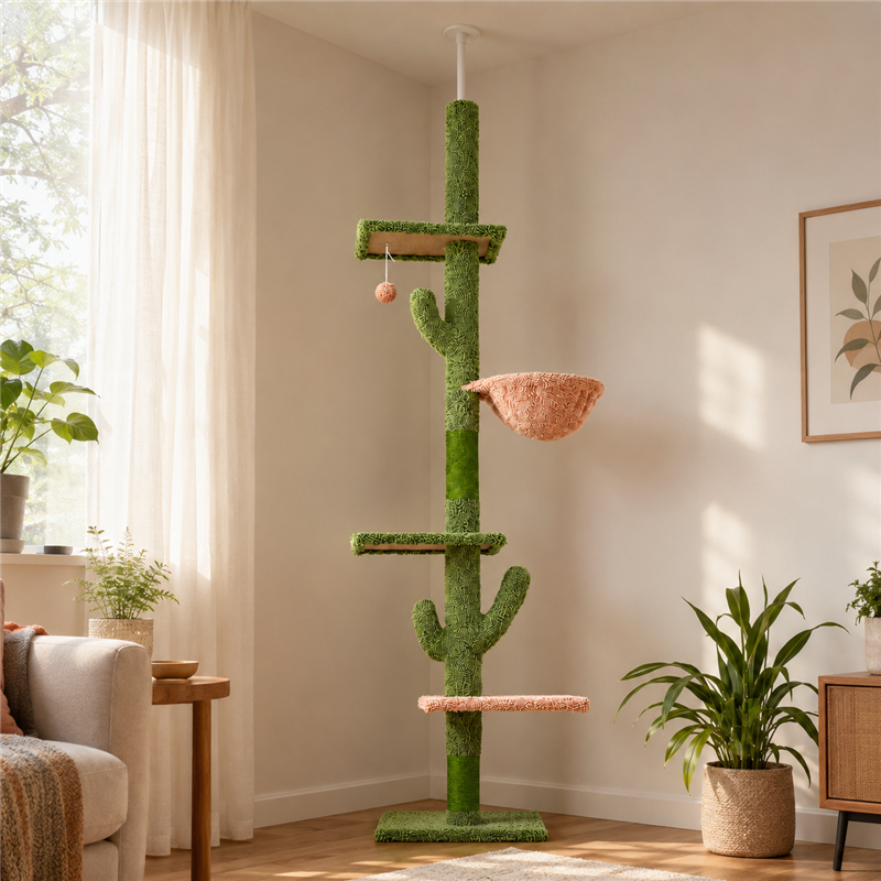 BSCI Audited Factory Sisal Wrapped Green Cactus Modern Tower with Multi Level Tiers Scratching Station Cat Tree