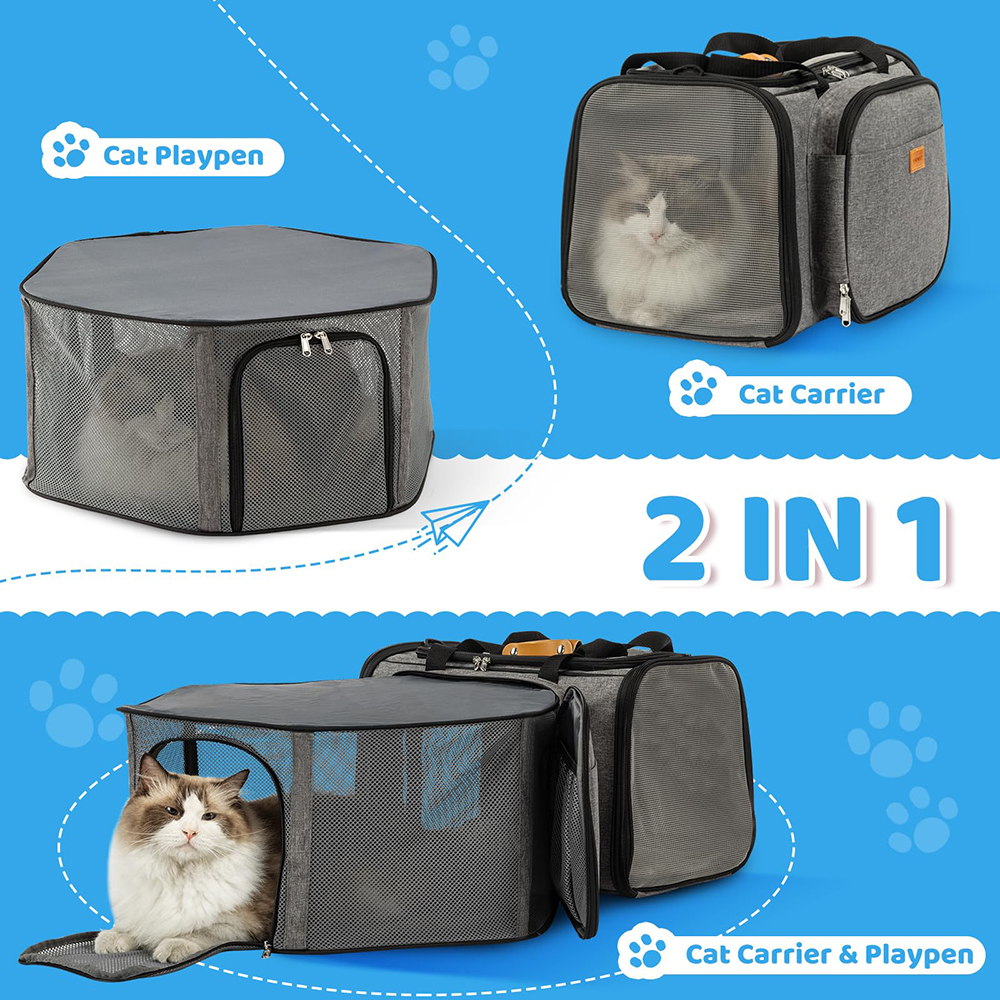 Cat Carrier Detachable Airline Approved Large Expandable Mesh Sustainable Soft-Sided Pet Carrier with Zipper Closure